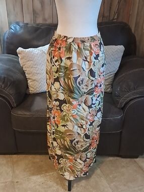 Josephine Chaus Sport Silk Floral Maxi Skirt in Olive, Coral & Cream Tropical